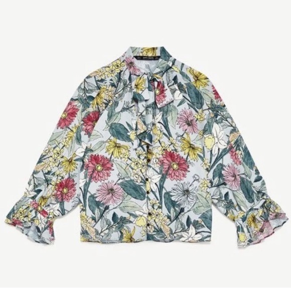 ZARA Basic Collection Green Floral Bow Blouse - Picture 2 of 9